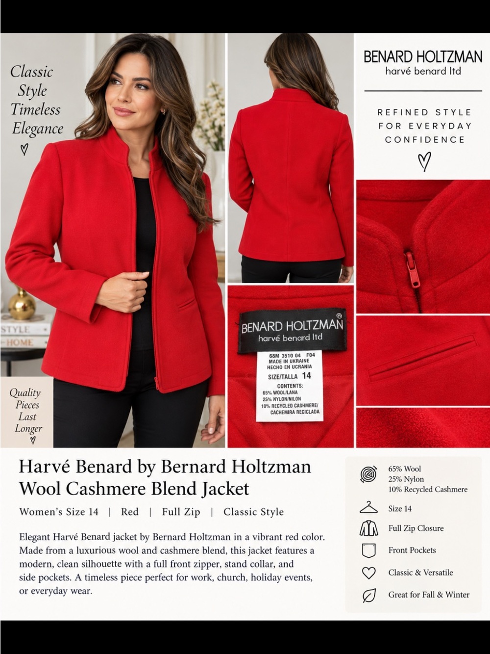 Harvรฉ Benard Bernard Holtzman Womenโs Wool Cashmere Blend Red Jacket Size 14